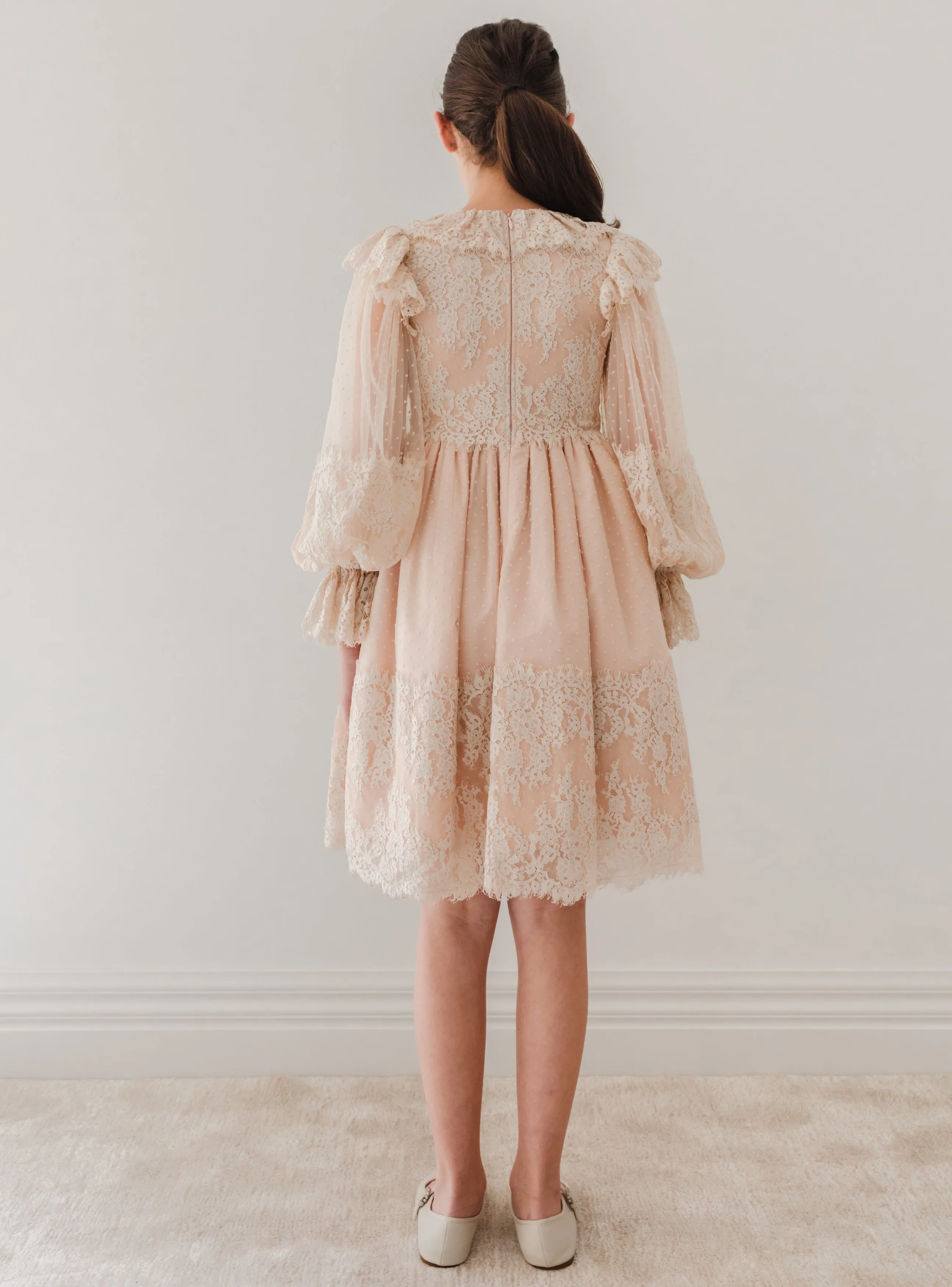 Cream Lace Applique Tulle Babydoll Dress