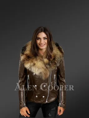 Limited Edition Exotic Women's Leather Biker Jackets with Finn Raccoon Fur Collar