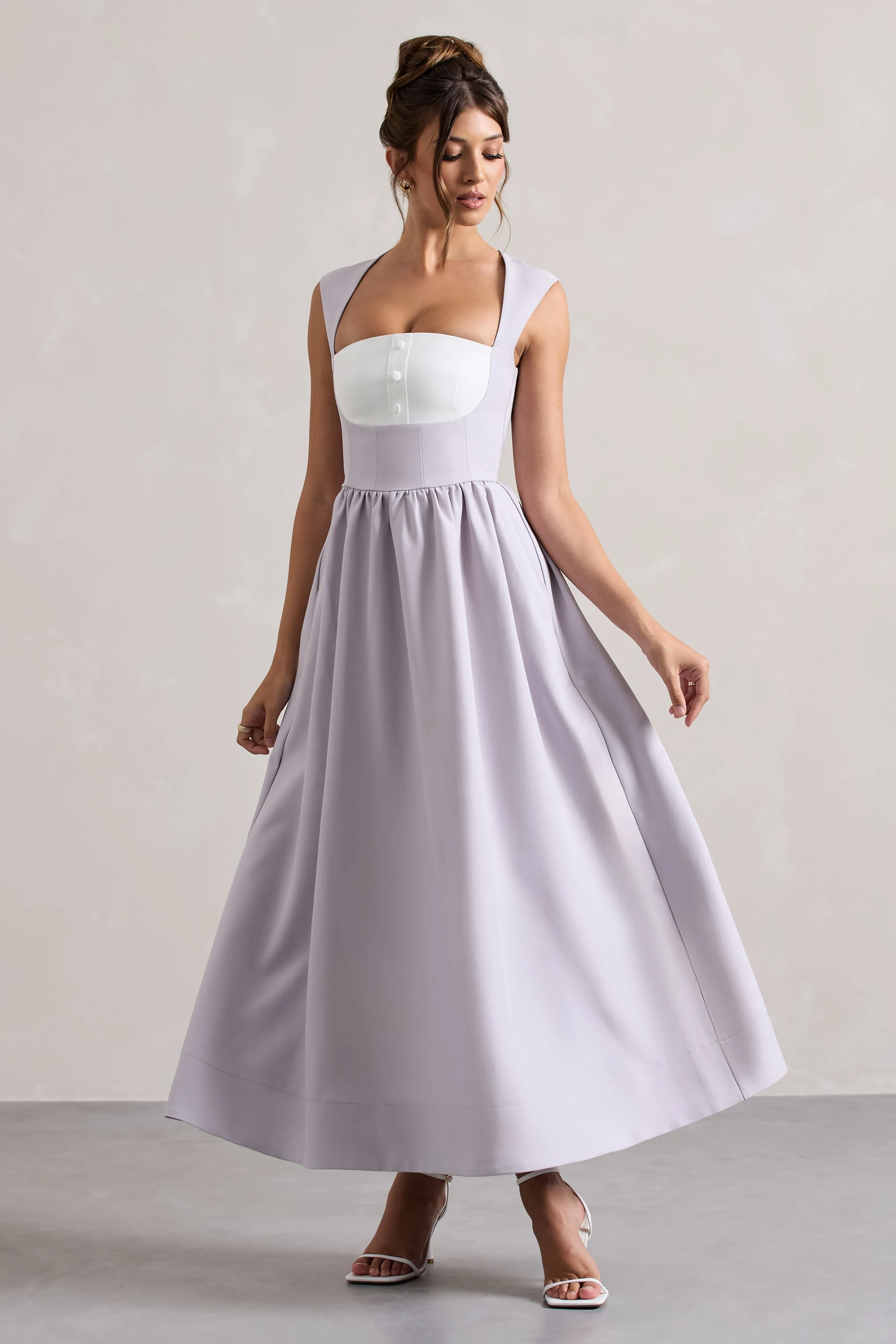 Mauve Square-Neck Corset Skater Maxi Dress