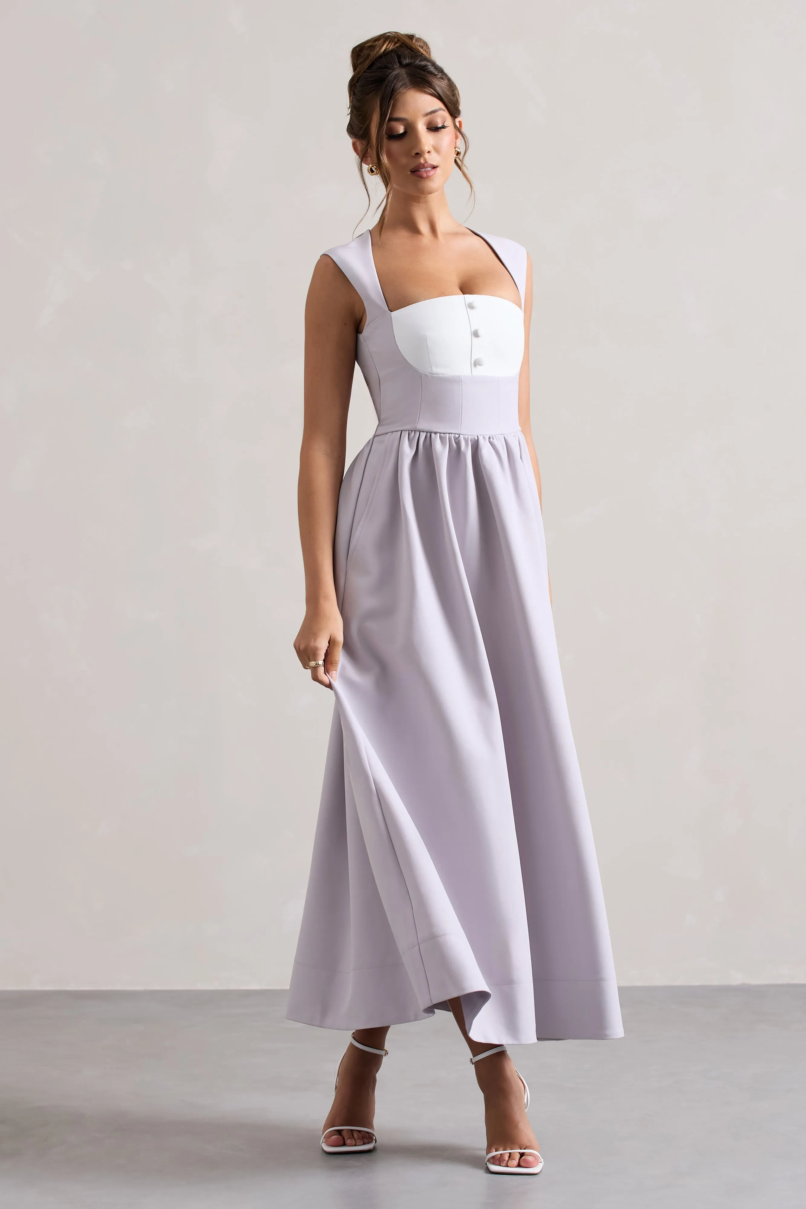 Mauve Square-Neck Corset Skater Maxi Dress