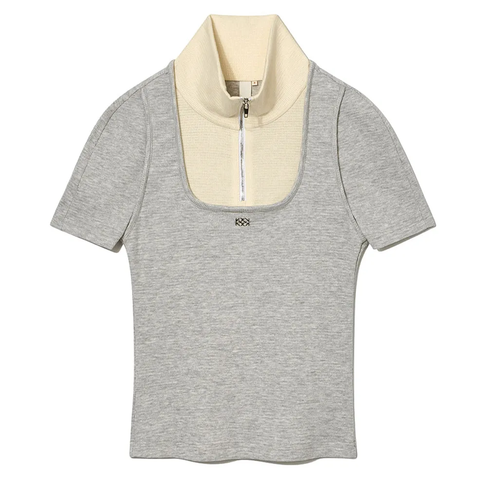 Melange Grey Cream Square Top with Half Zip for Women, KIJUN