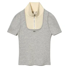 Melange Grey Cream Square Top with Half Zip for Women, KIJUN