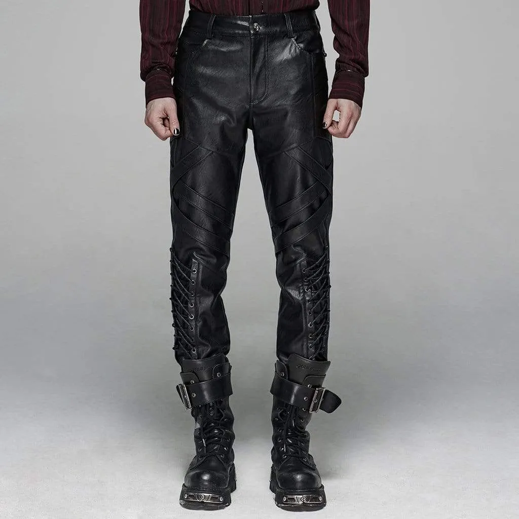 Men's Punk Lace-Up Faux Leather Trousers