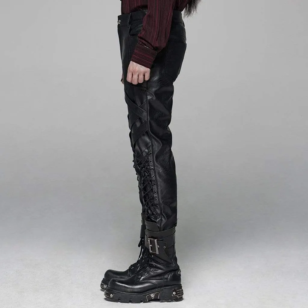 Men's Punk Lace-Up Faux Leather Trousers