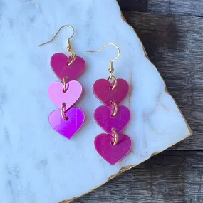 Metallic Pink Cascading Hearts Acrylic Earrings