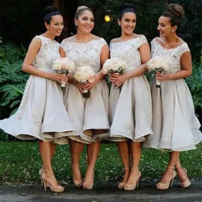 Morden Cap Sleeve Lace Organza Knee-Length Short Bridesmaid Dress Ball Gown