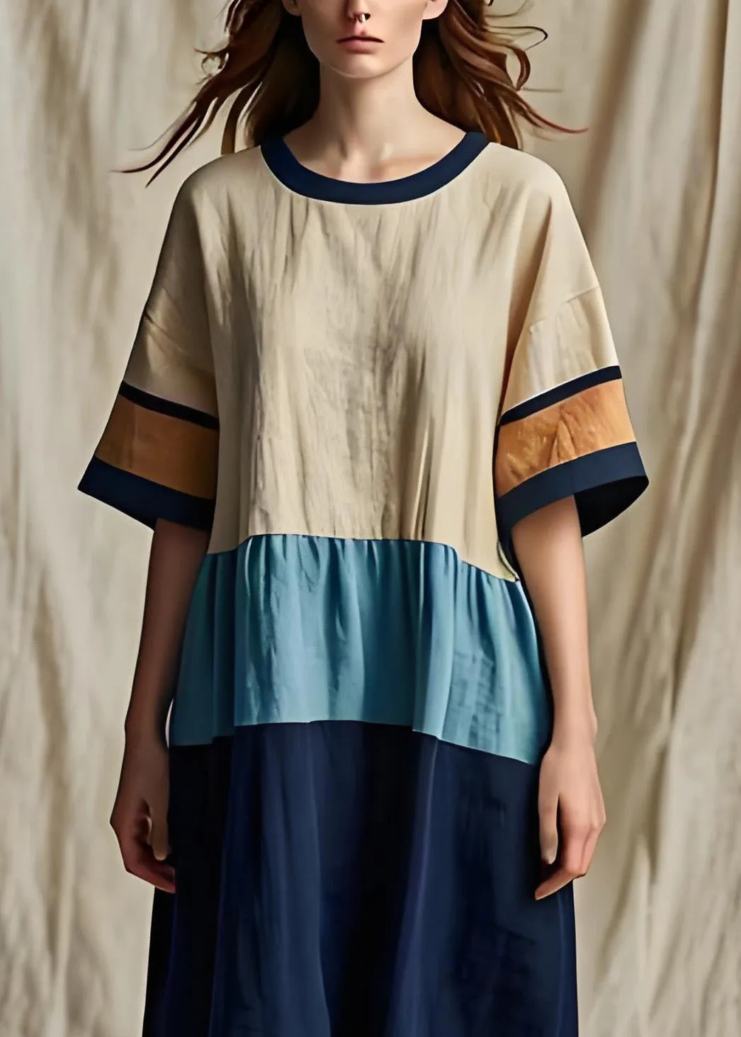 O Neck Patchwork Cotton Dress