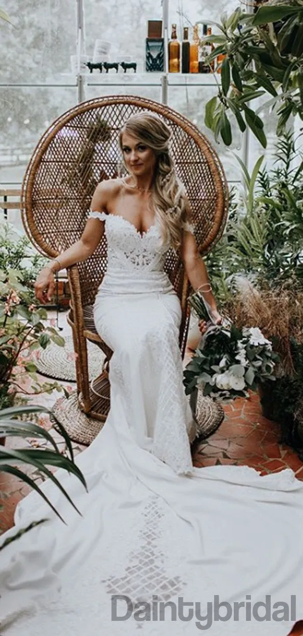 Gogerous Off-shoulder Tulle Lace Mermaid Wedding Gown