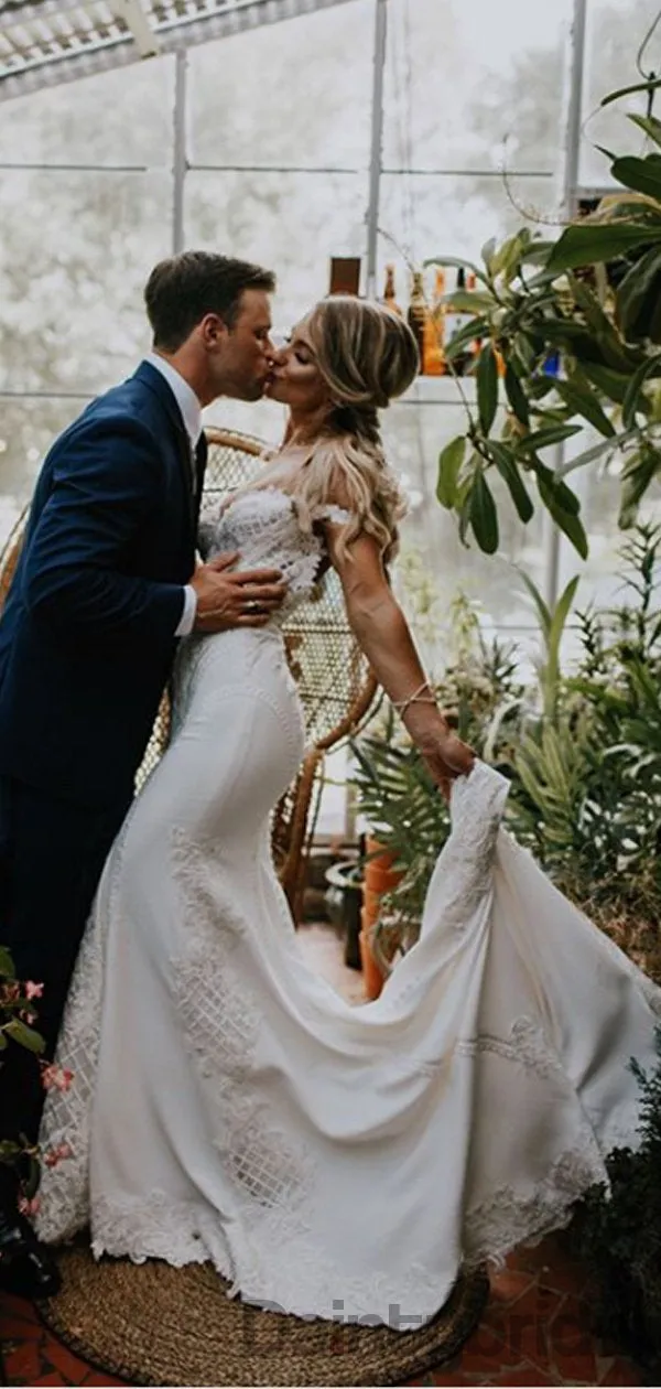 Gogerous Off-shoulder Tulle Lace Mermaid Wedding Gown