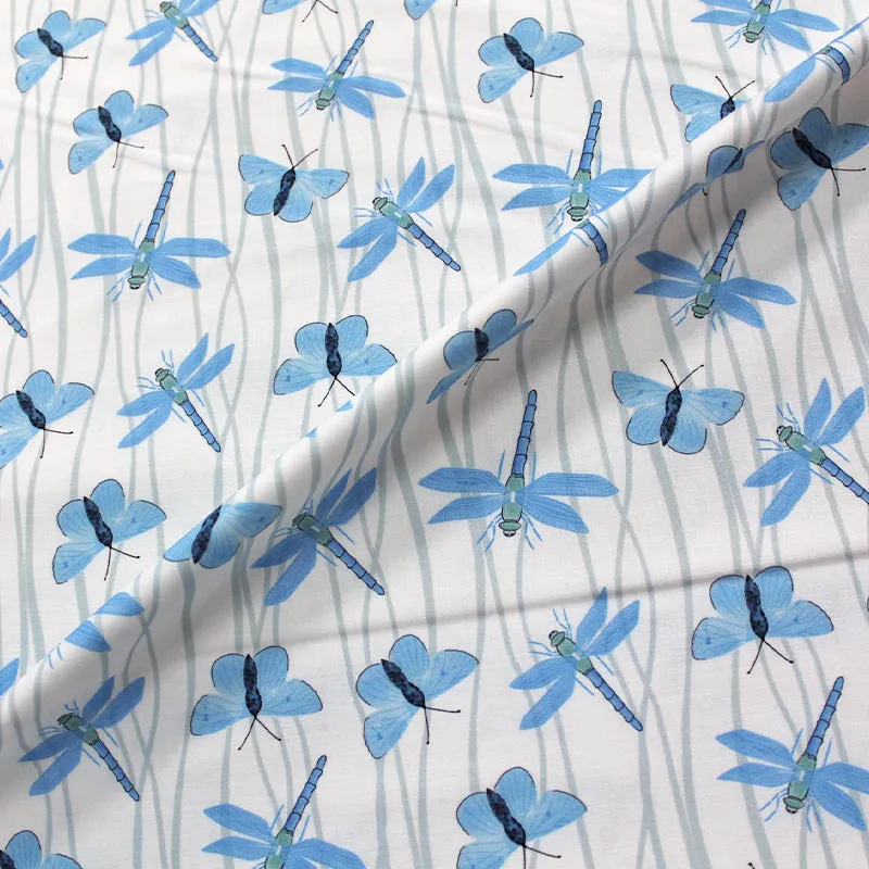 Butterfly Dragonfly Cotton in White and Blue