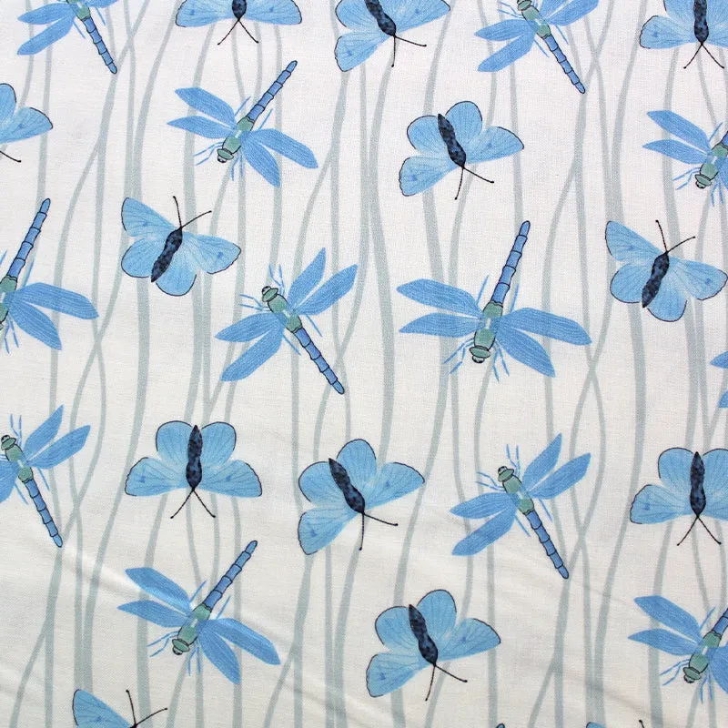 Butterfly Dragonfly Cotton in White and Blue