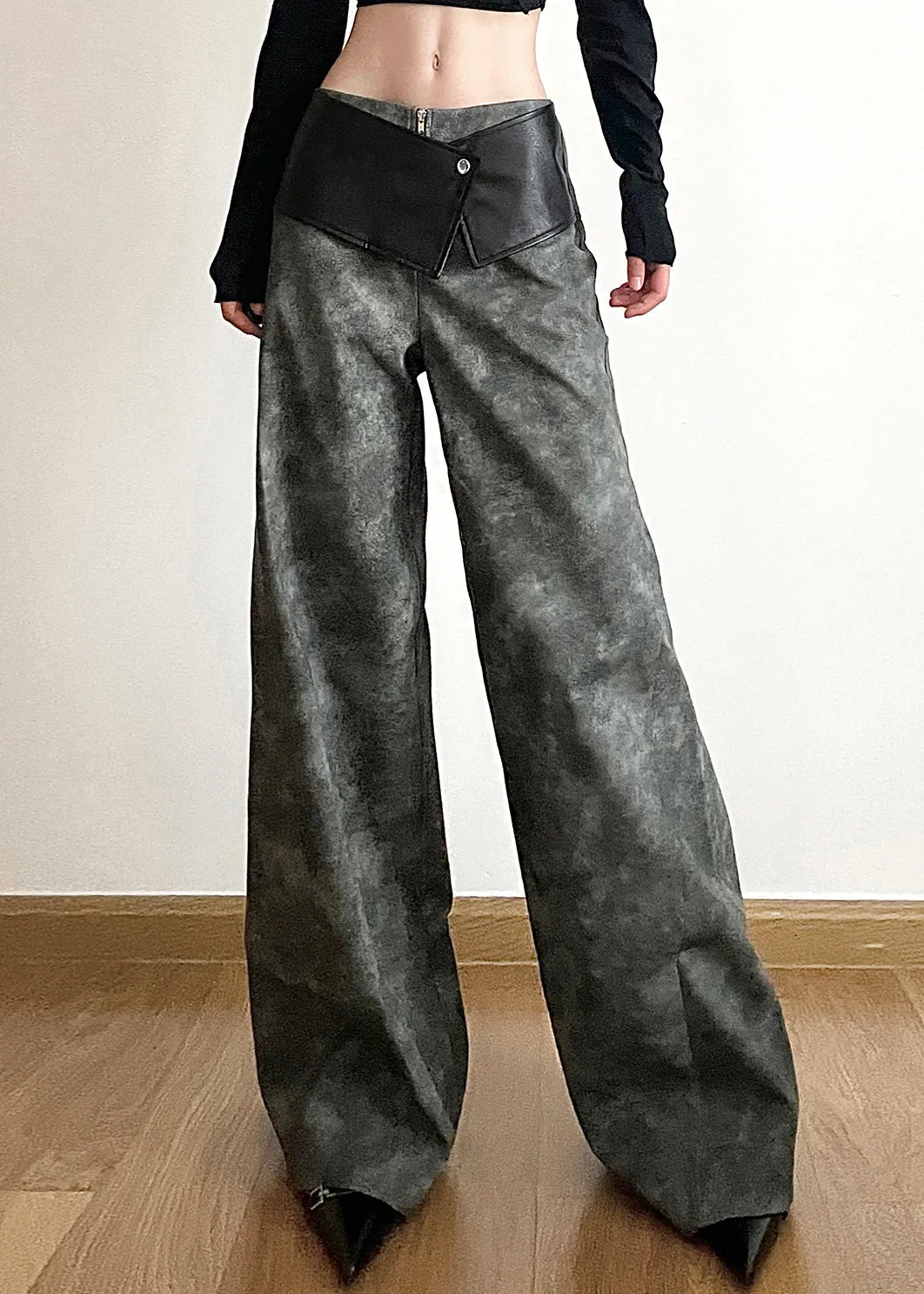 Original High Waist Patchwork Faux Leather Pants in Dark Gray for Fall