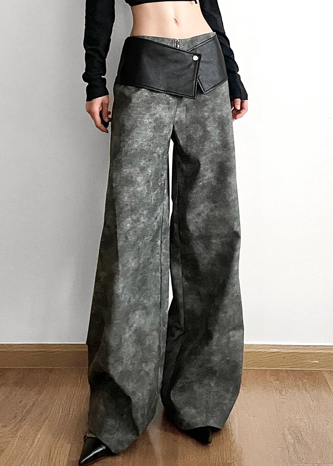 Original High Waist Patchwork Faux Leather Pants in Dark Gray for Fall