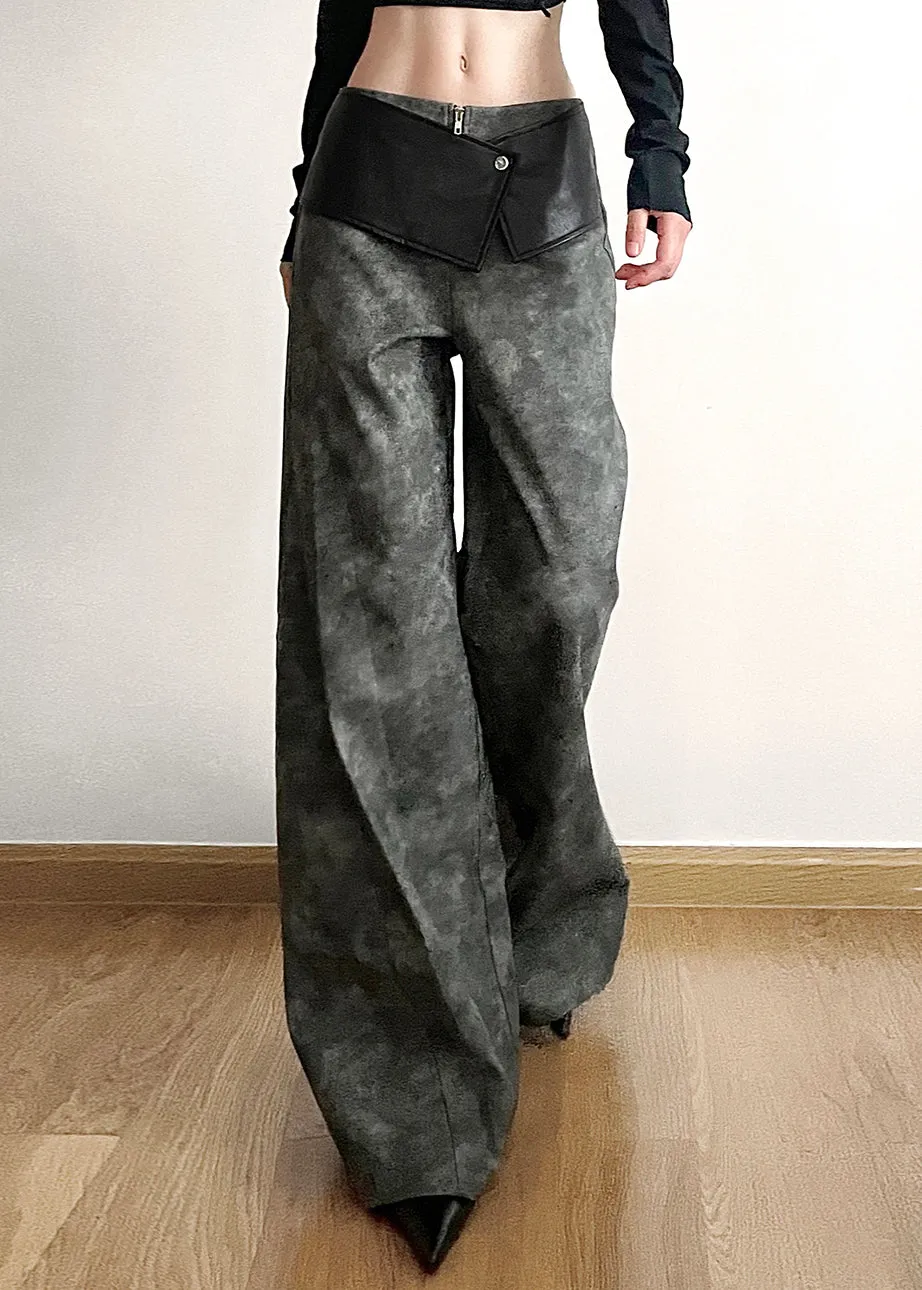 Original High Waist Patchwork Faux Leather Pants in Dark Gray for Fall