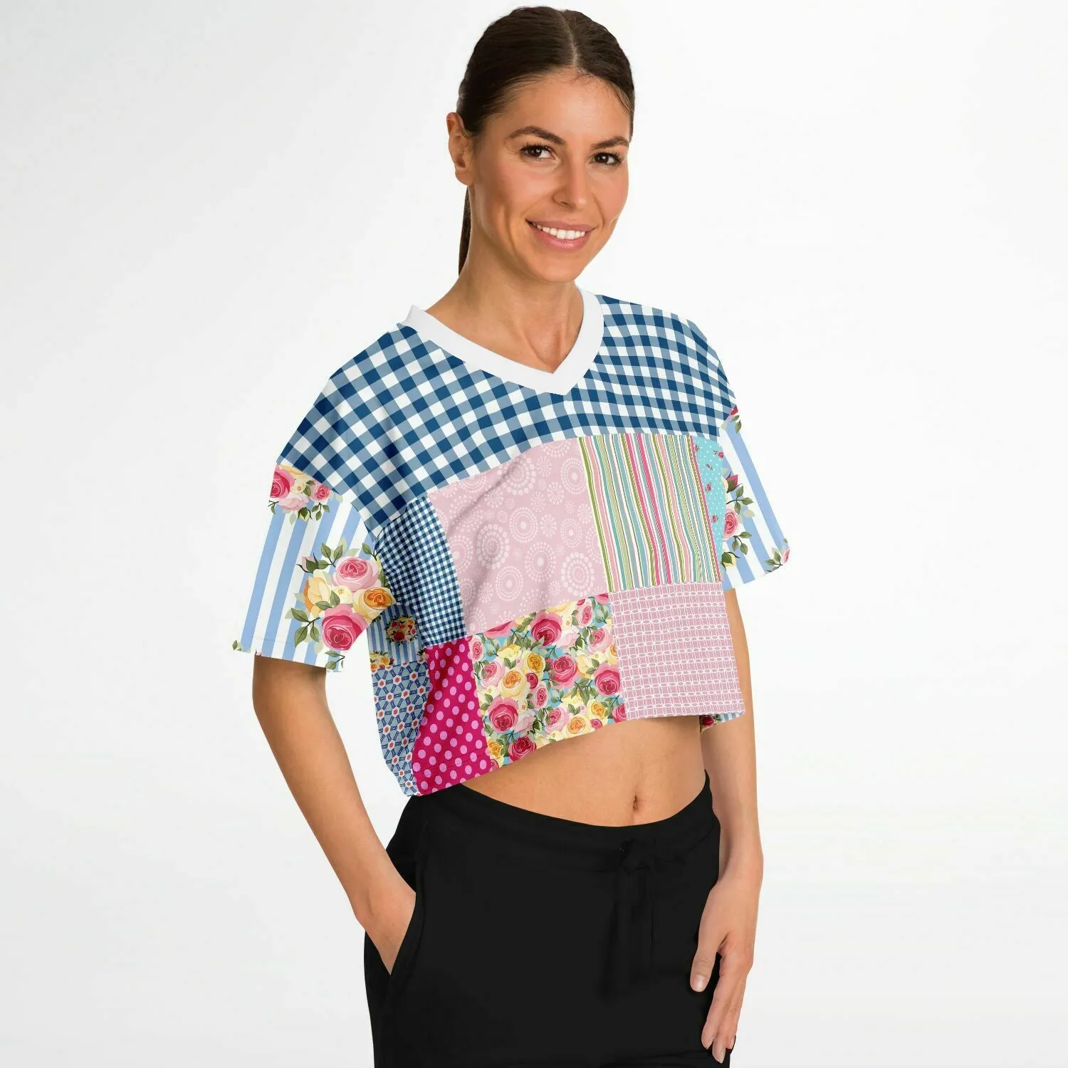 Pink Floral Patchwork Plaid Crop Top