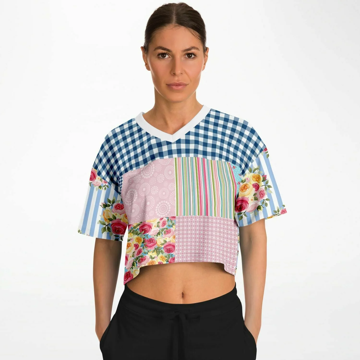 Pink Floral Patchwork Plaid Crop Top