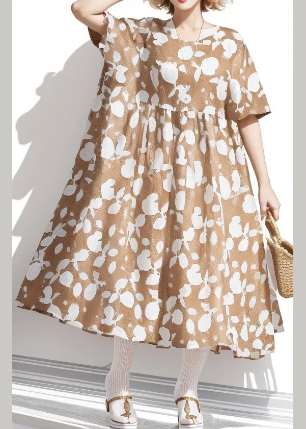 Plus Size Khaki O-Neck Cotton Dresses with Print for Summer