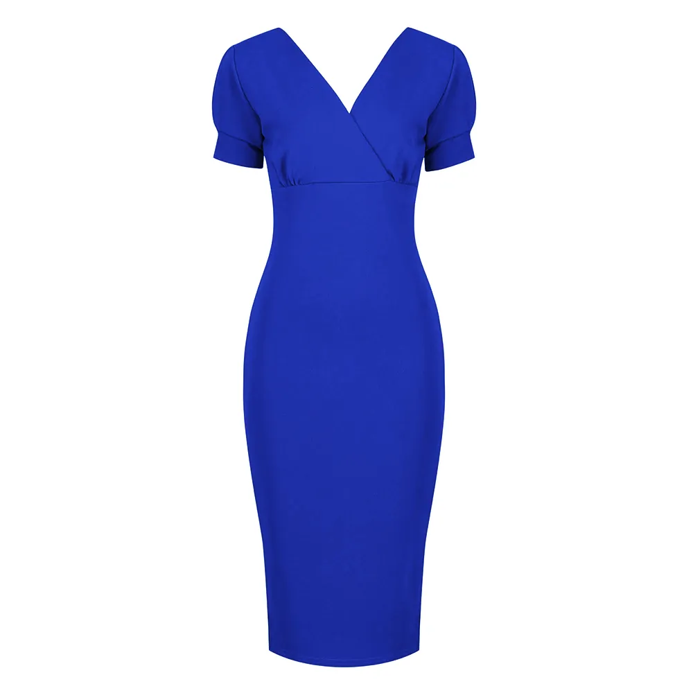 Royal Blue Puff Sleeve V Neck Dress