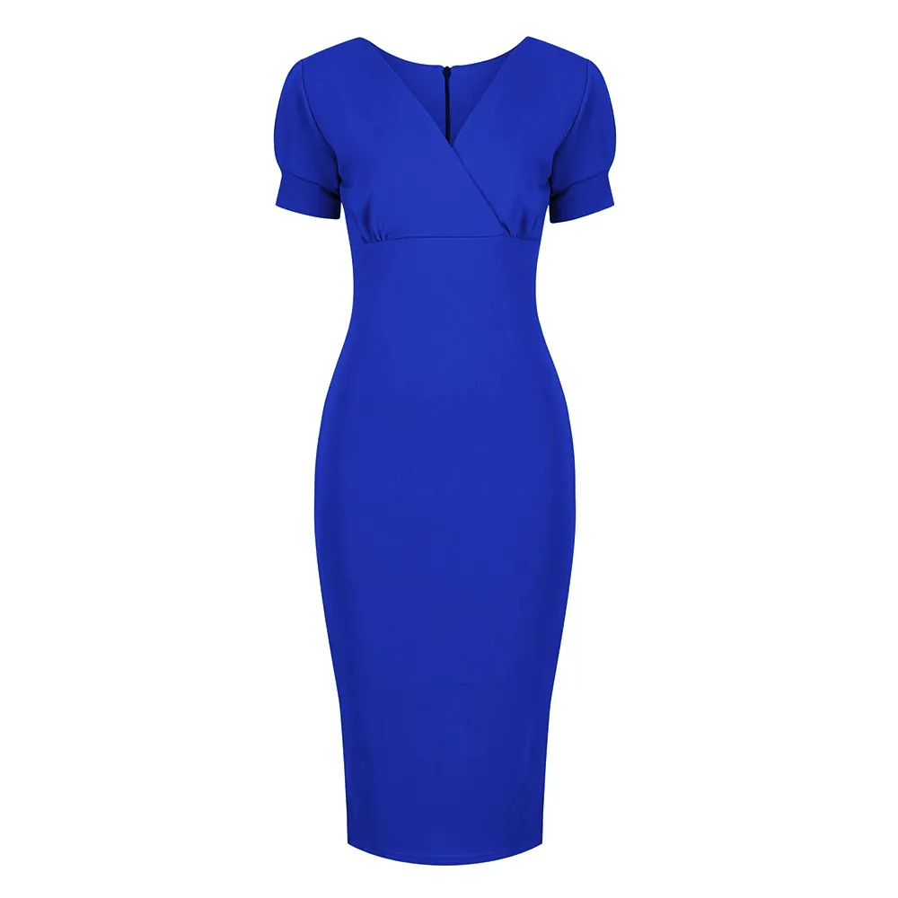 Royal Blue Puff Sleeve V Neck Dress