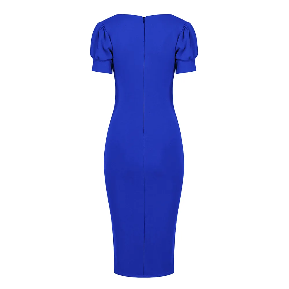 Royal Blue Puff Sleeve V Neck Dress