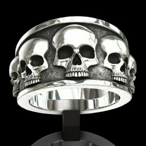 Durable Band Ring with Raised Skulls