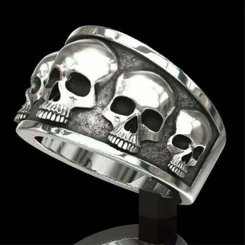 Durable Band Ring with Raised Skulls