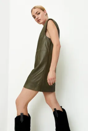 Real Leather Shift V Neck Mini Dress