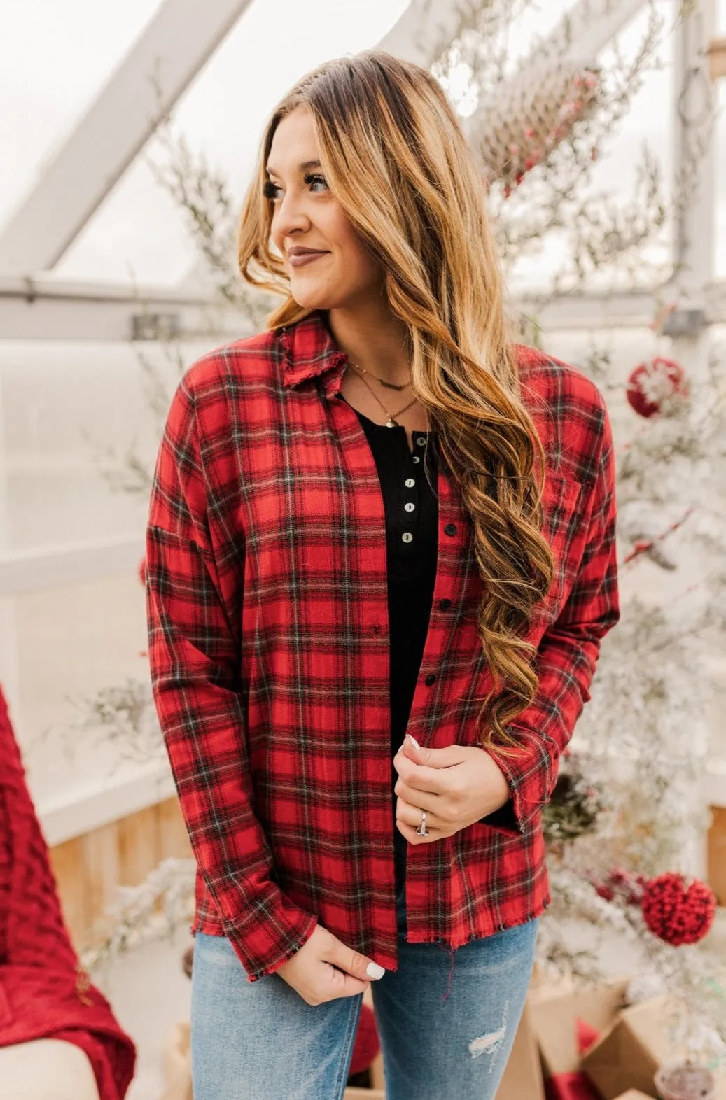 Button Plaid Top-Red