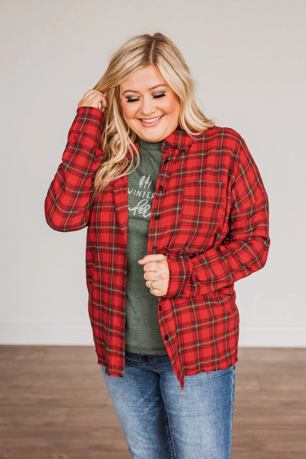 Button Plaid Top-Red