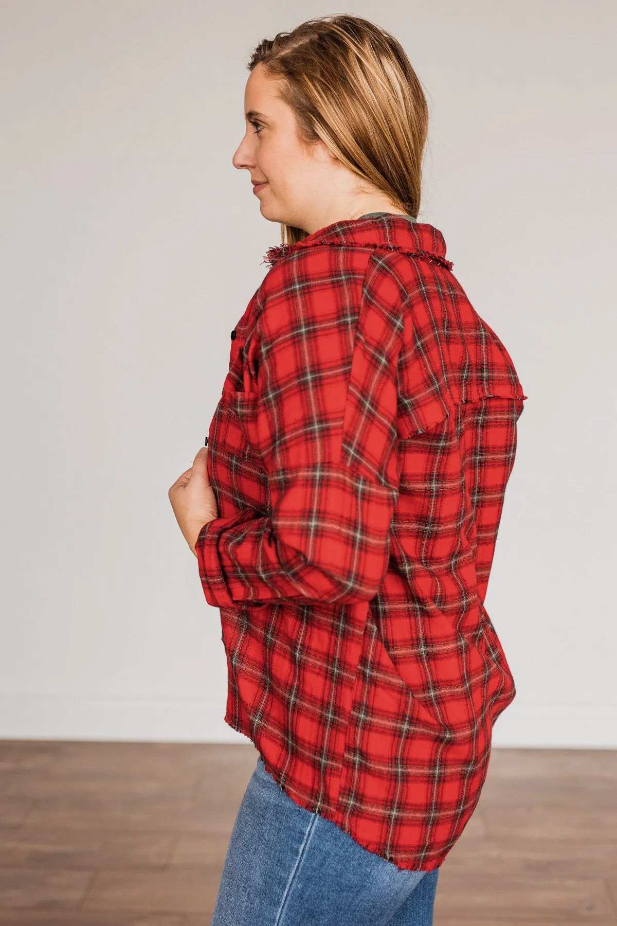 Button Plaid Top-Red