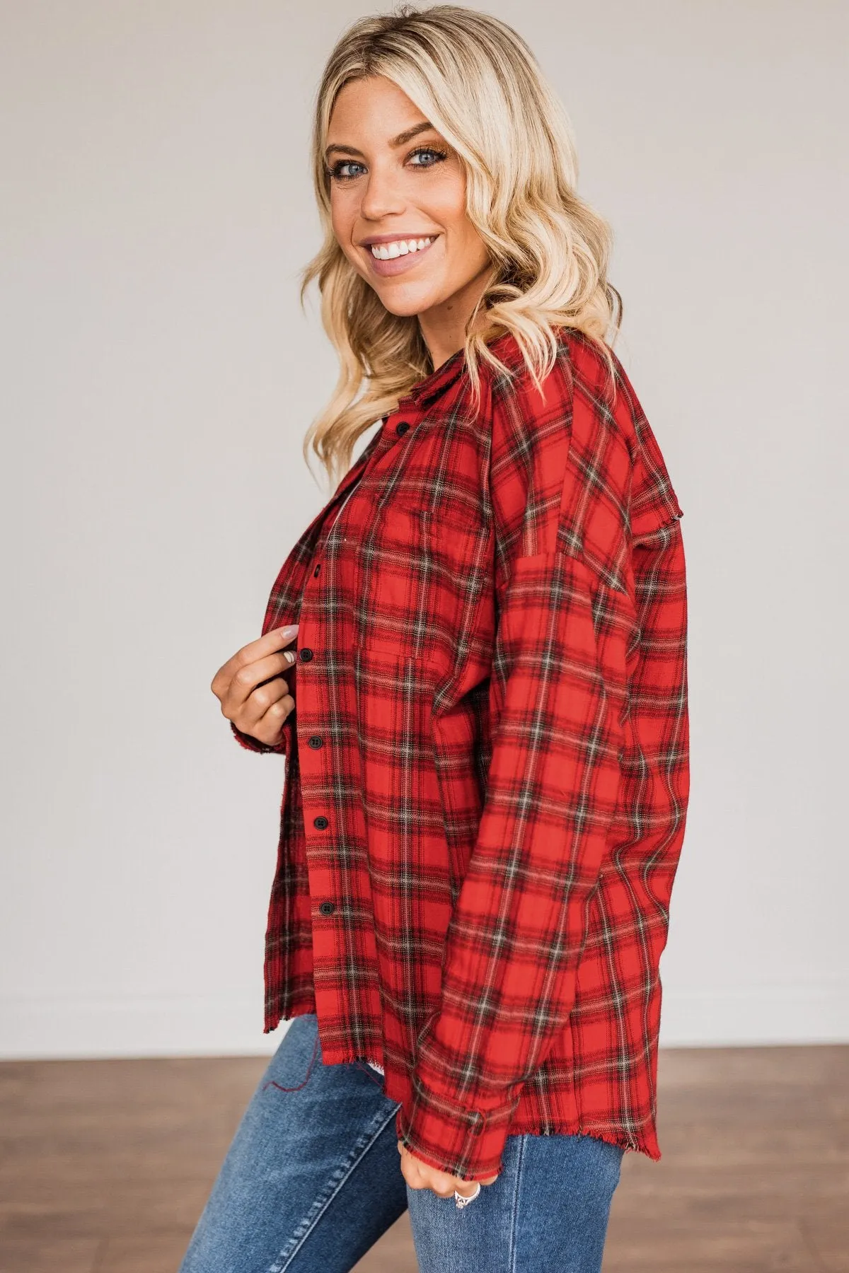 Button Plaid Top-Red