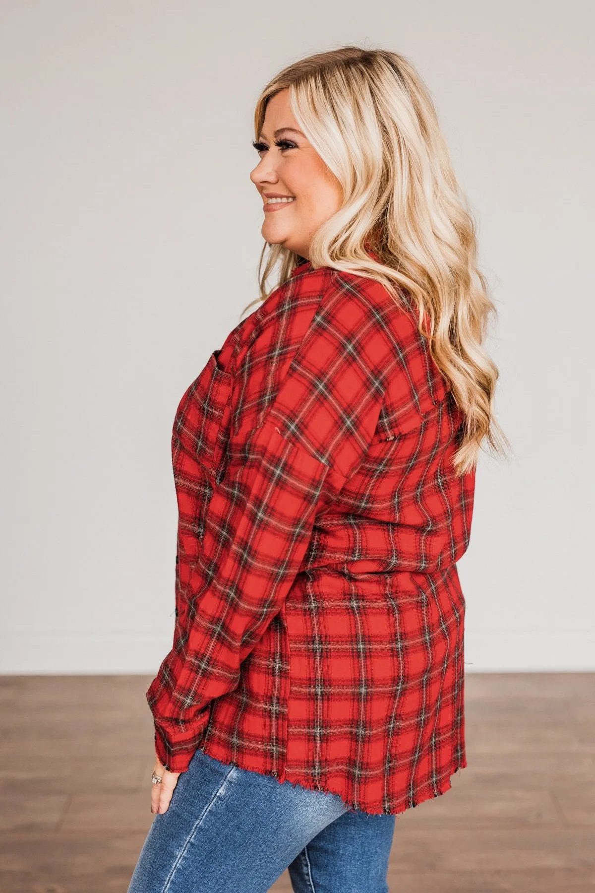 Button Plaid Top-Red