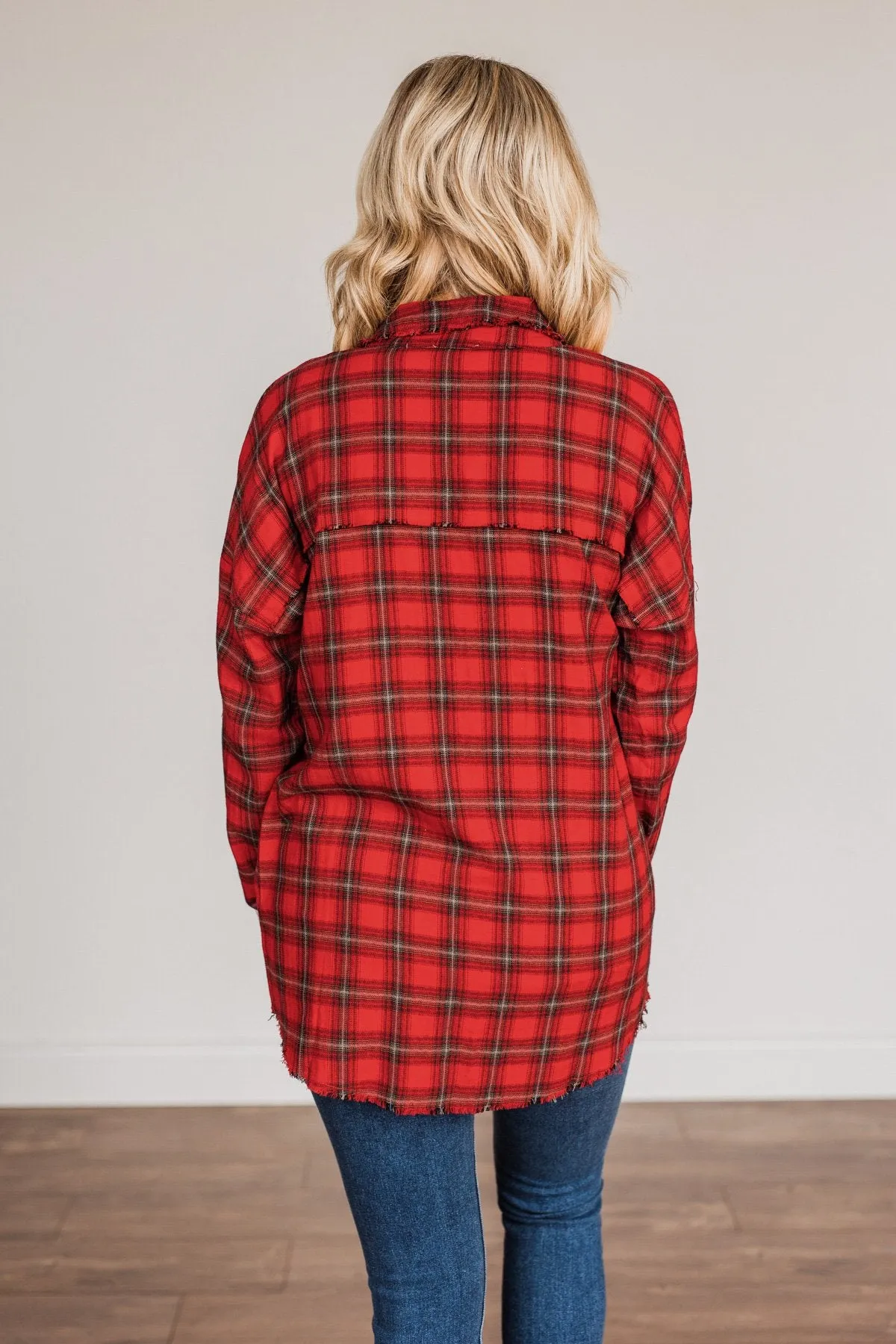 Button Plaid Top-Red