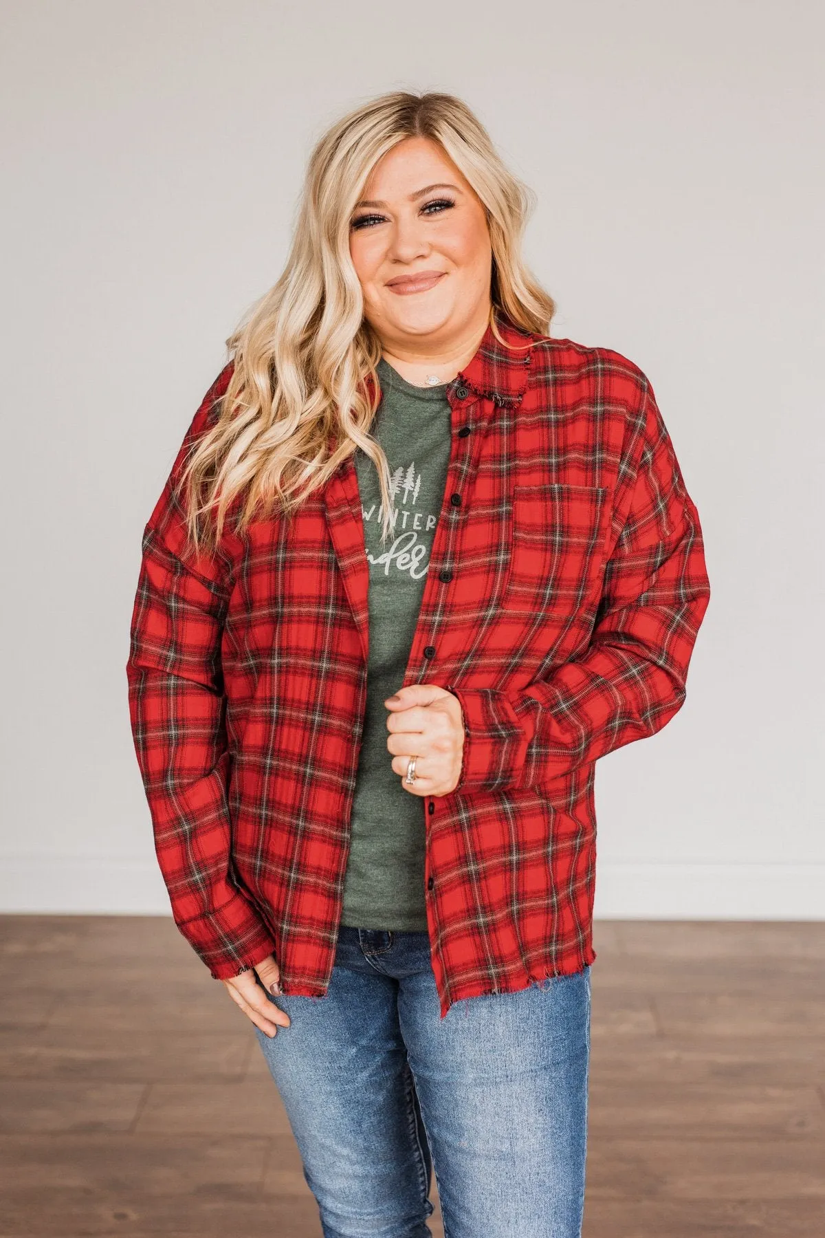 Button Plaid Top-Red