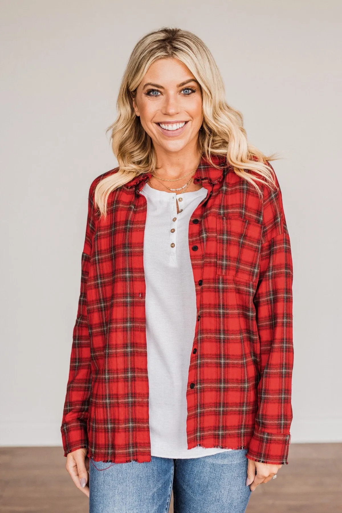 Button Plaid Top-Red