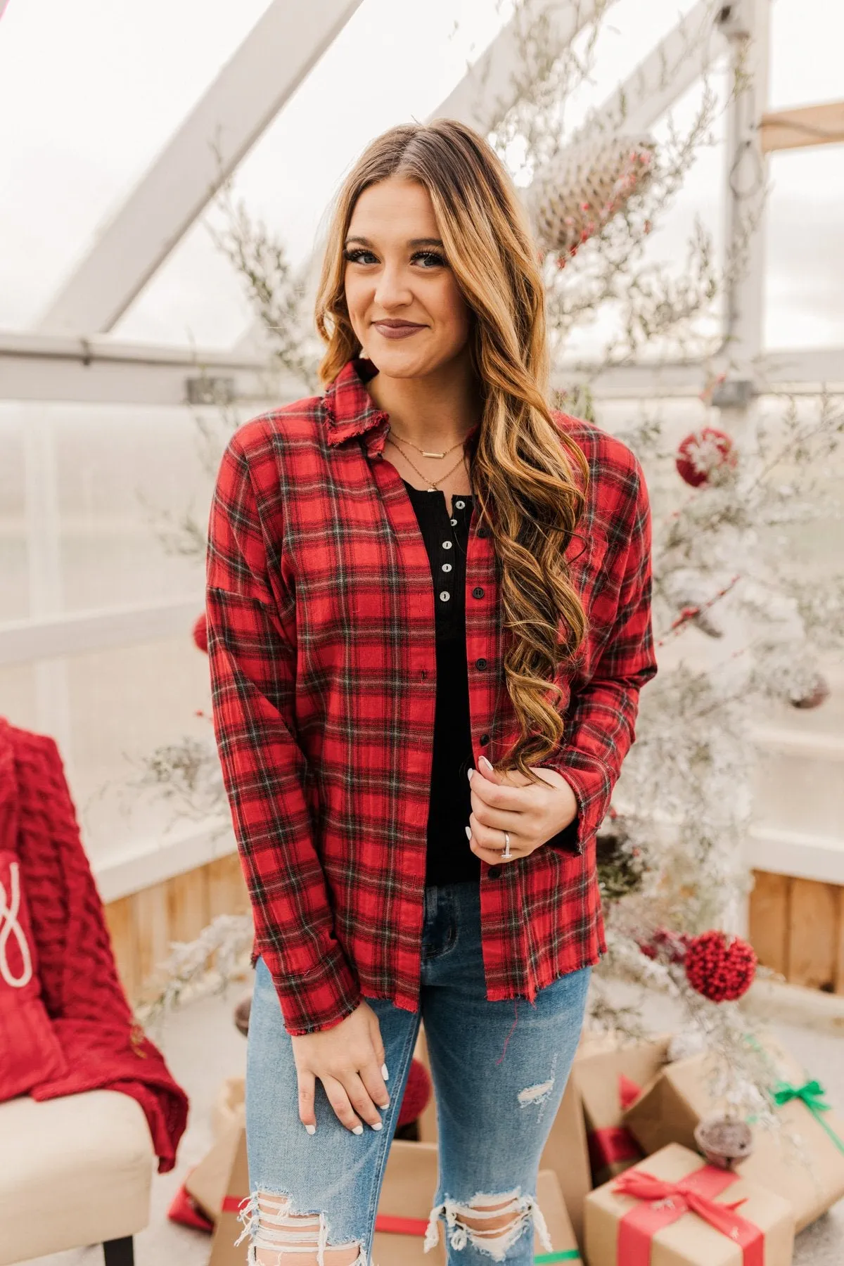 Button Plaid Top-Red