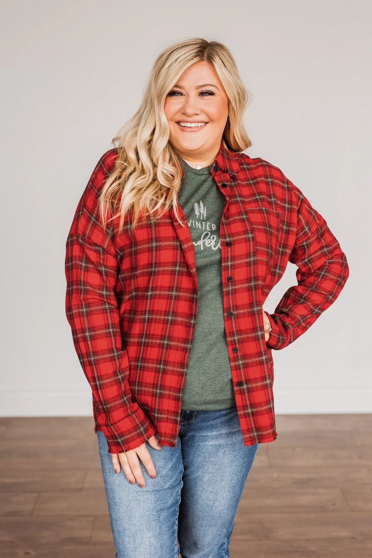 Button Plaid Top-Red