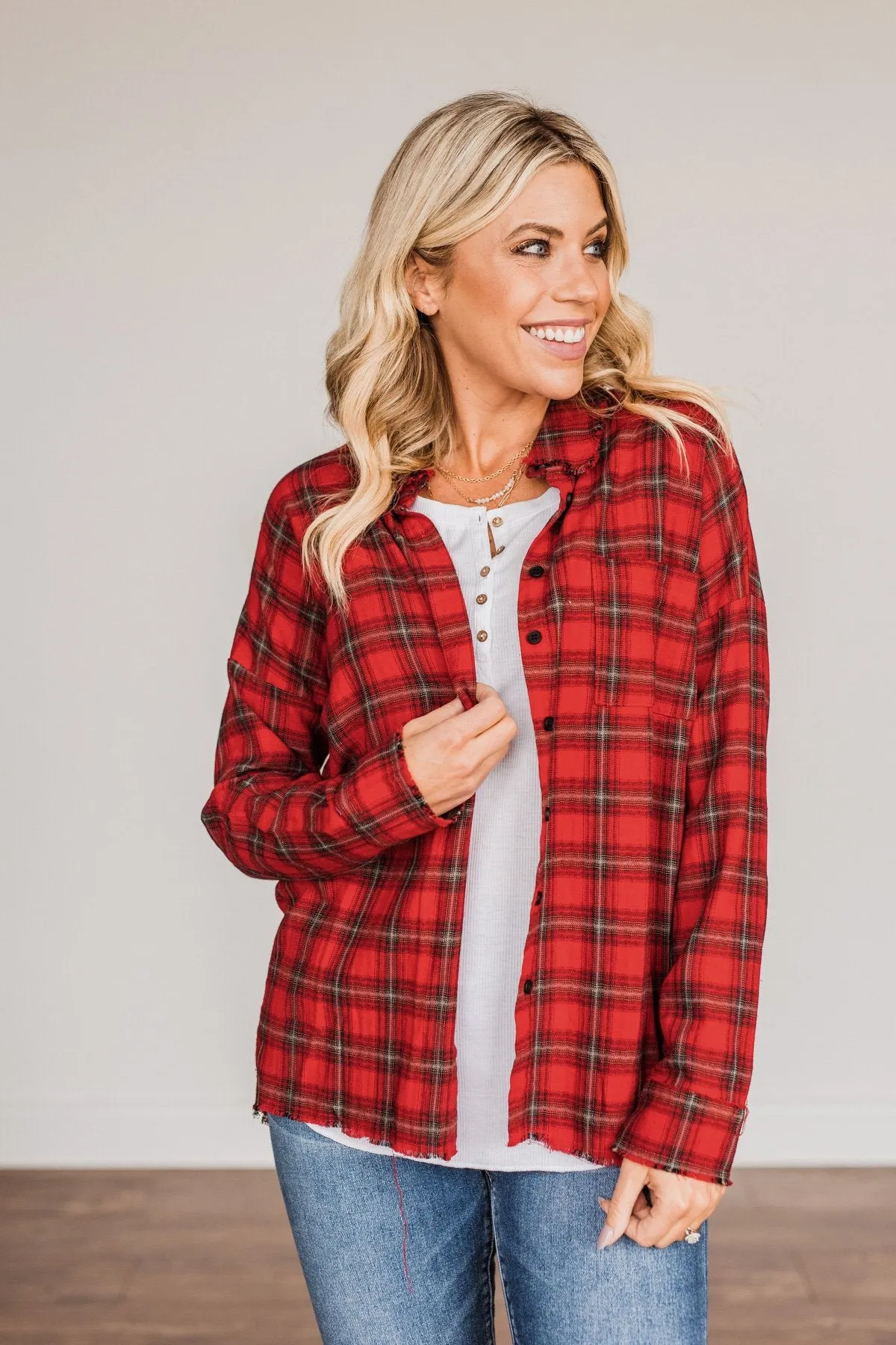 Button Plaid Top-Red