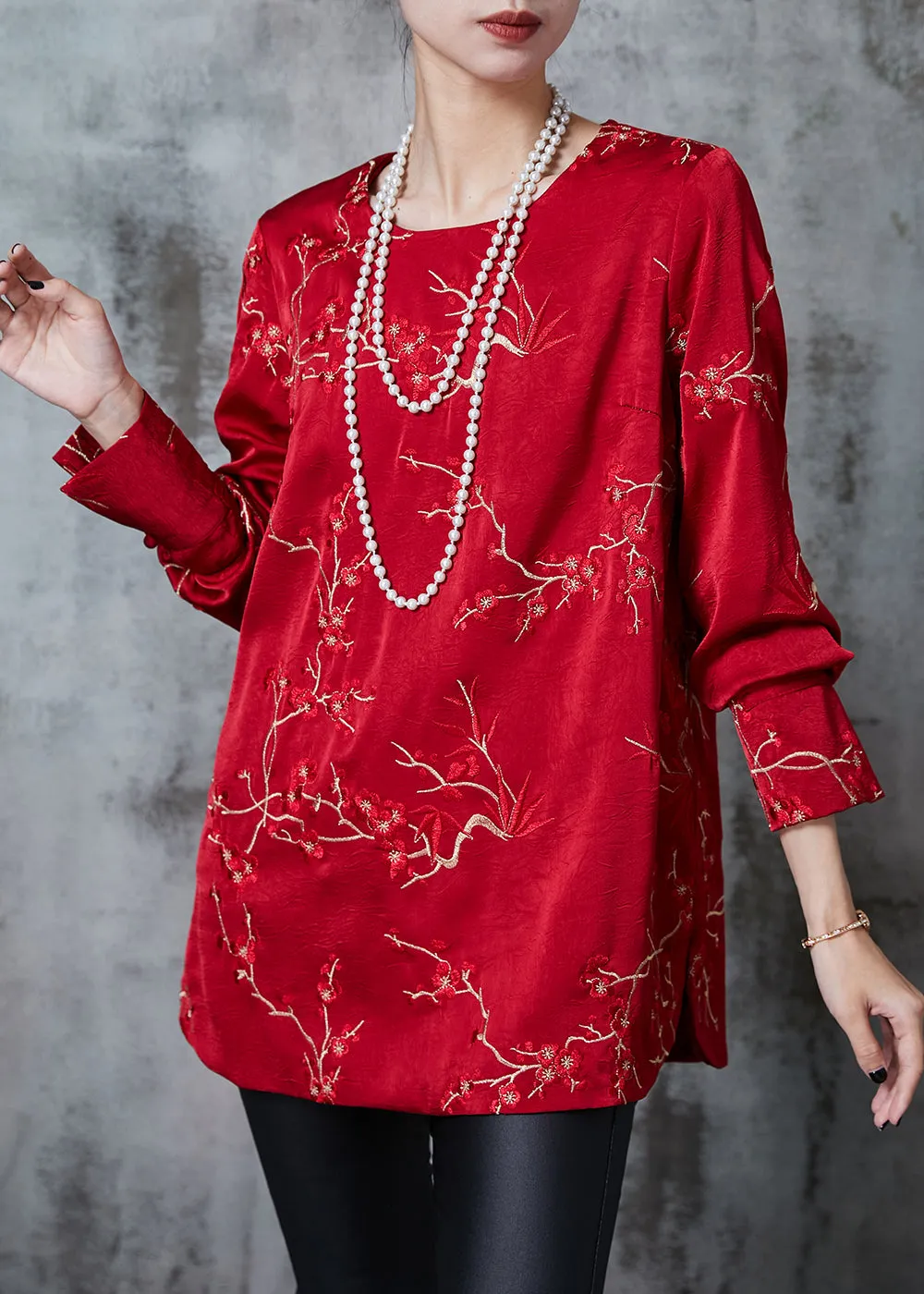 Red Embroidered Silk Blouse