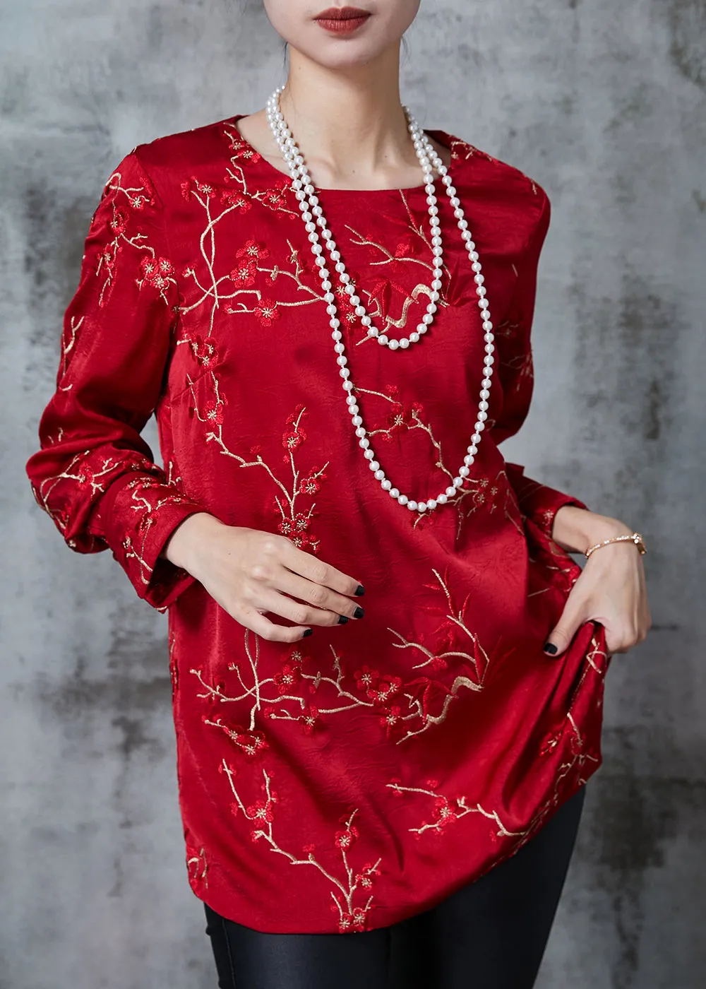 Red Embroidered Silk Blouse