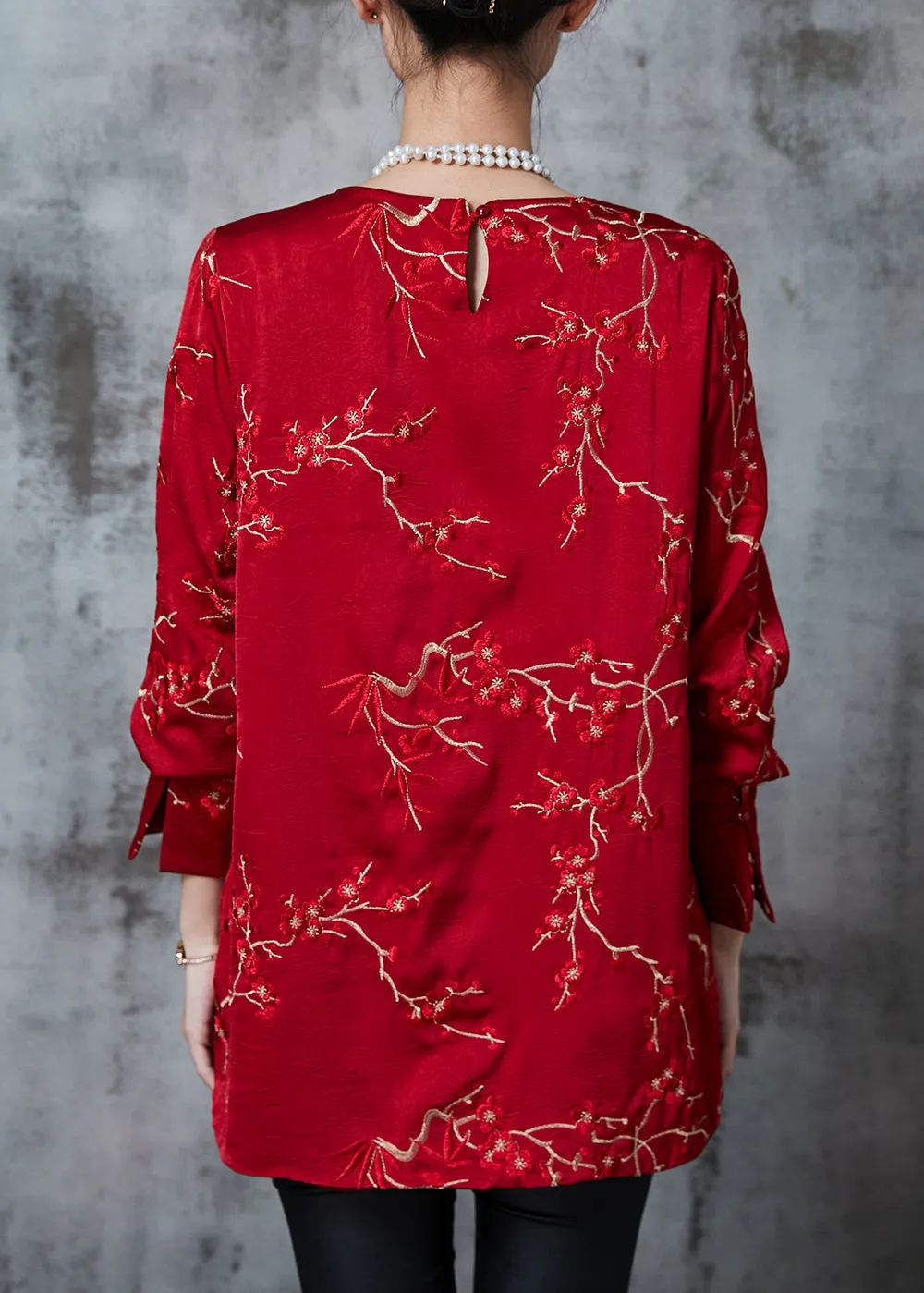 Red Embroidered Silk Blouse