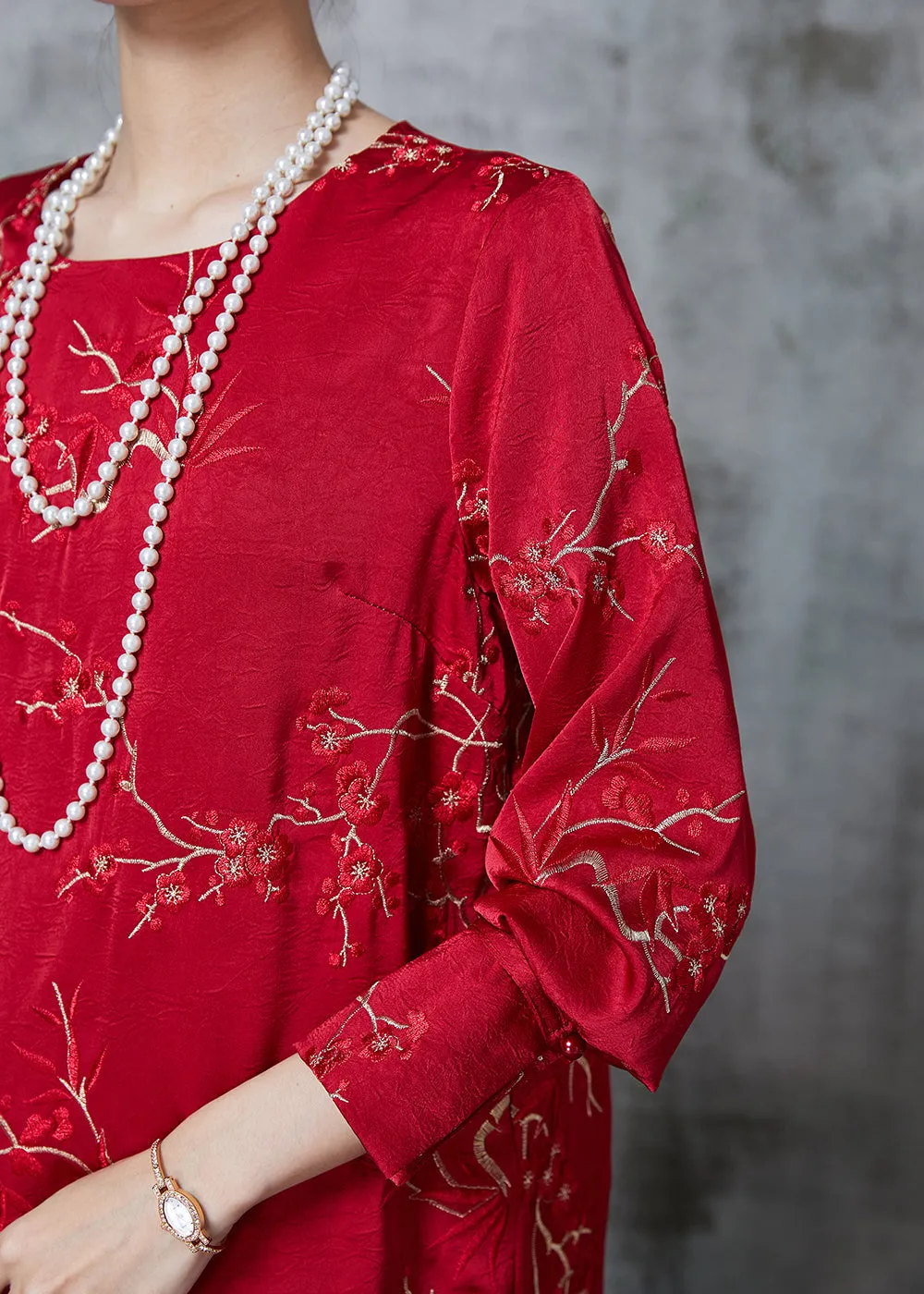 Red Embroidered Silk Blouse