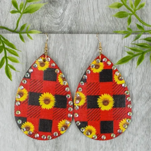 Sunflowers Red Plaid Teardrop Earrings