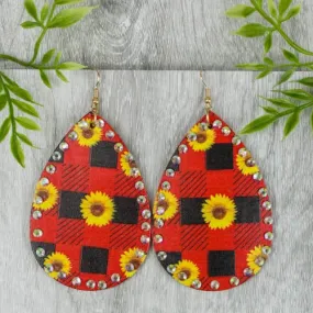 Sunflowers Red Plaid Teardrop Earrings