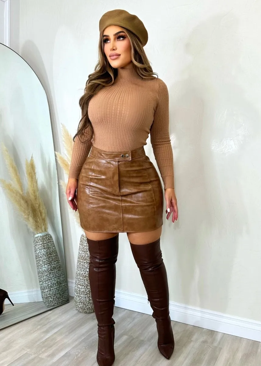 Brown Faux Leather Skirt