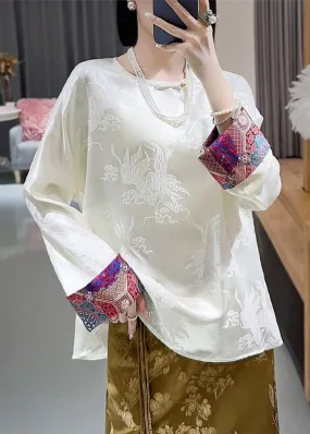 Retro White O-Neck Jacquard Silk Blouse Long Sleeve