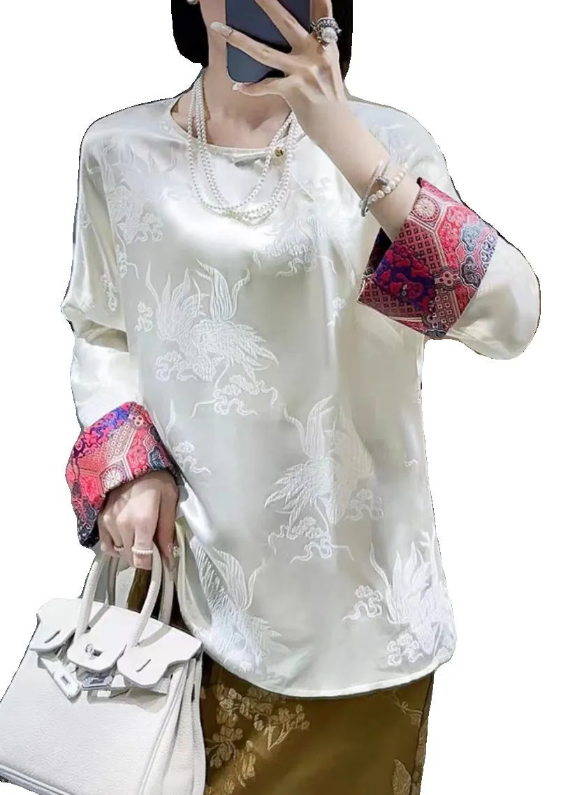 Retro White O-Neck Jacquard Silk Blouse Long Sleeve