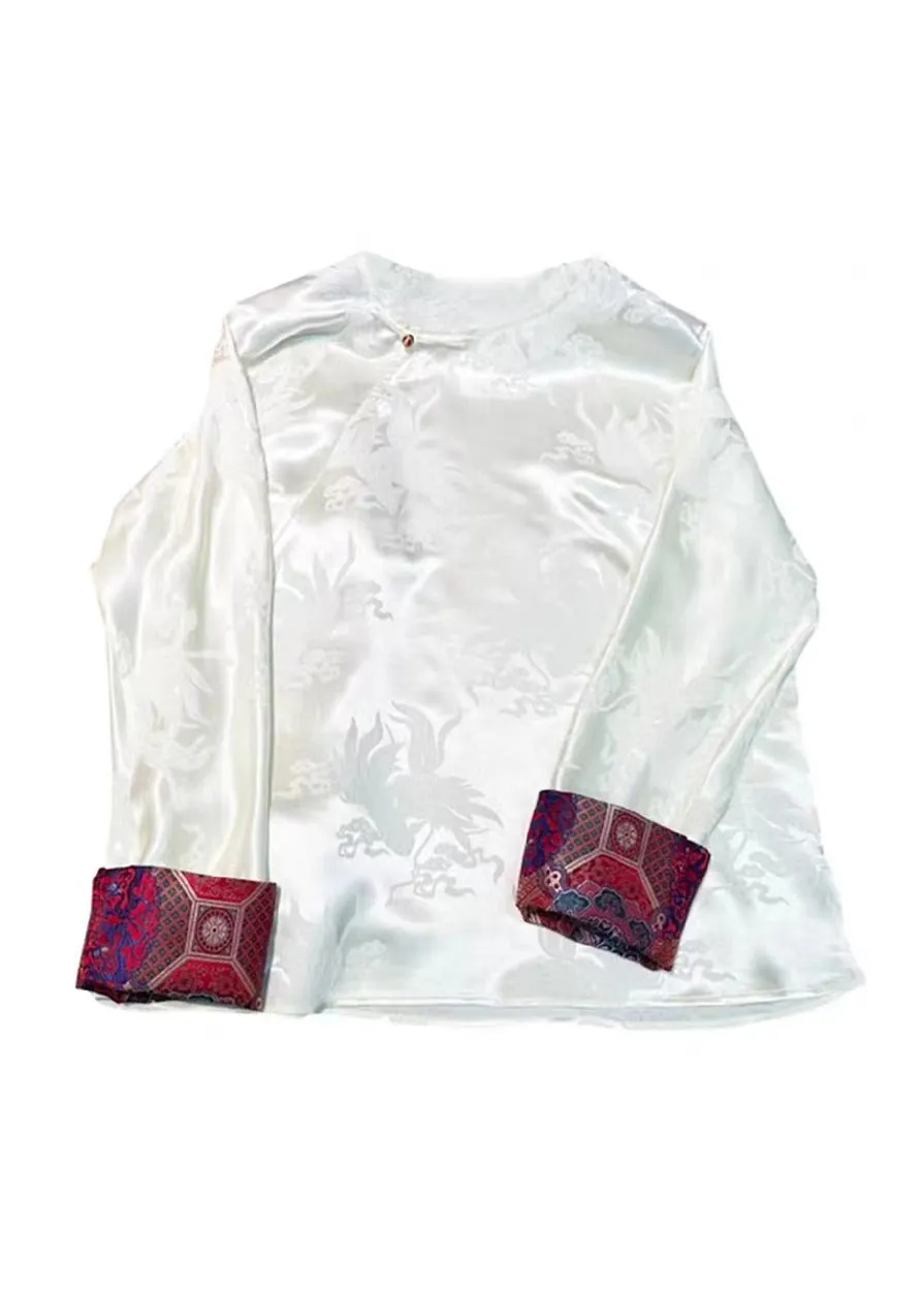 Retro White O-Neck Jacquard Silk Blouse Long Sleeve