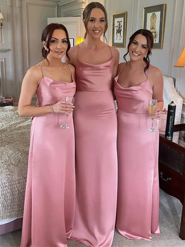 Rose Pink Satin Bridesmaid Dresses with Spaghetti Straps (BG373)