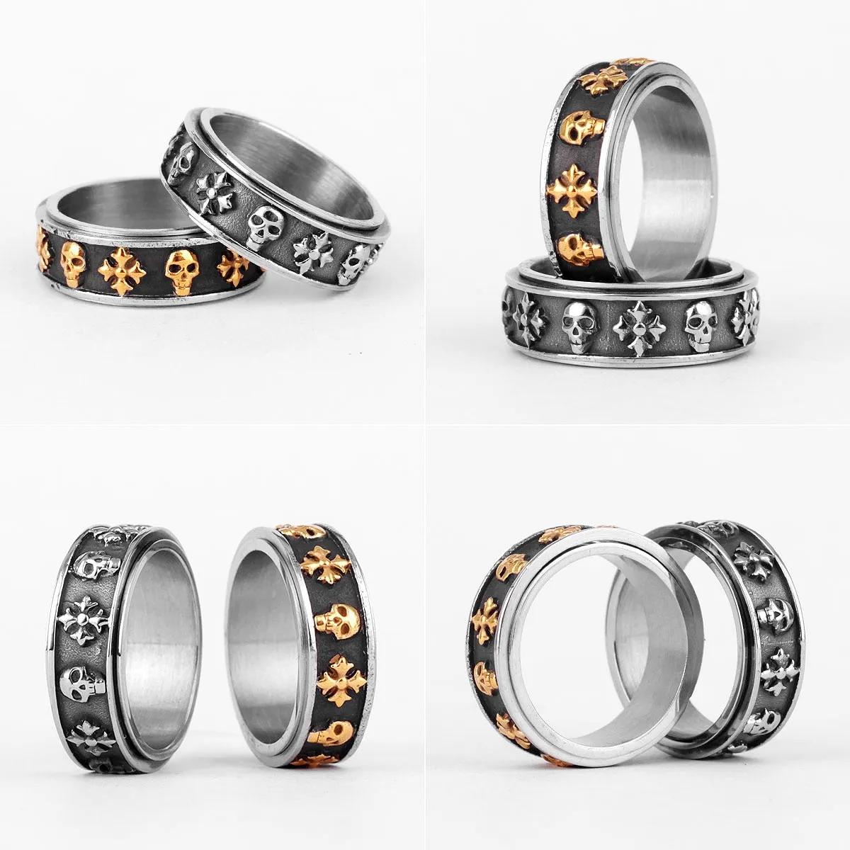 Rotatable Retro Men Rings with Cross Skull